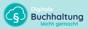 weißes Paragraphenzeichen in einer stilisierten Wolke vor dunklem Hintergrund, daneben in drei Zeilen der Slogan Digitale Buchhaltung leicht gemacht.