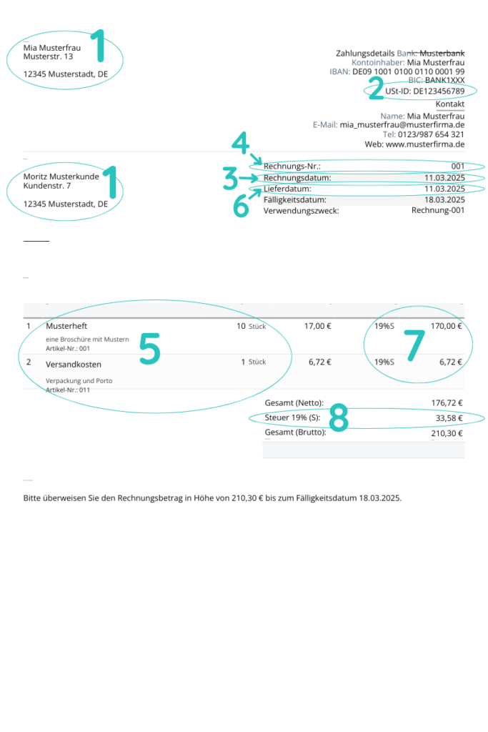 Rechnung schreiben - ornungsgemäße Rechnung, Pflichtangaben markiert
