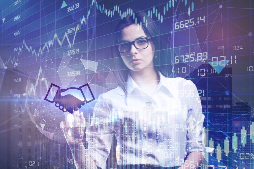 Business-Frau, überlagert von einer digitalen Anzeige aus Zahlen, Graphen, Analysen